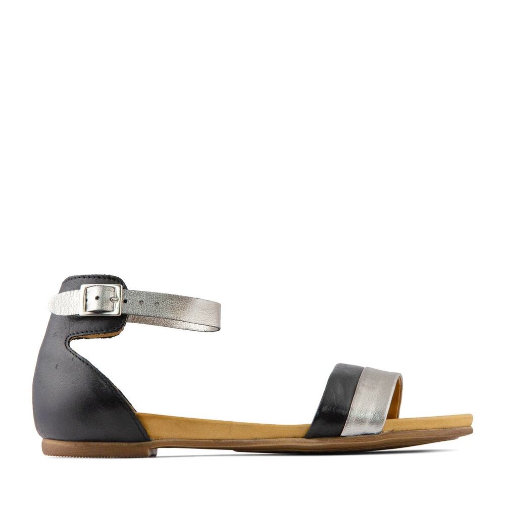 Miz Mooz 40 Atlantic Black Silver Metallic Leather Ankle Strap Flat Sandal 9 new - Picture 3 of 9